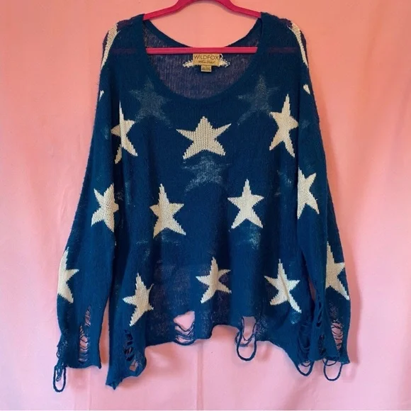 Wildfox 'Seeing Stars' Blue White Long Sleeve Lennon Sweater Large White Label L - Picture 1 of 8